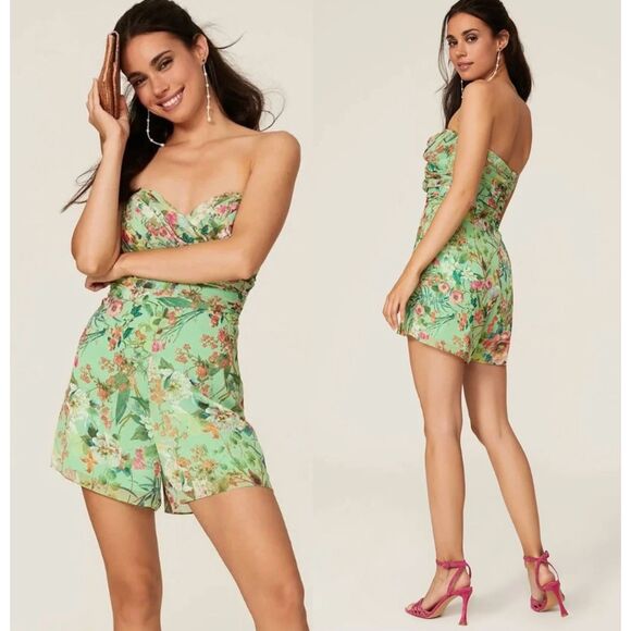 Jay Godfrey Lydia Romper Strapless Green Chiffon Floral Mini Resort US 6 Small - Picture 1 of 10